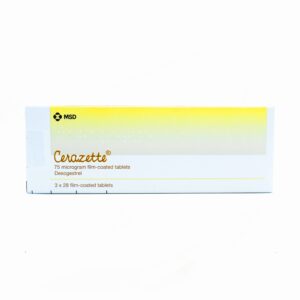 Box of Cerazette desogestrel 75 µg contraceptive pill with blister pack
