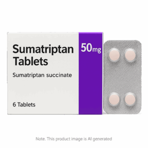 Box of Sumatriptan 50mg Tablets used for migraine treatment