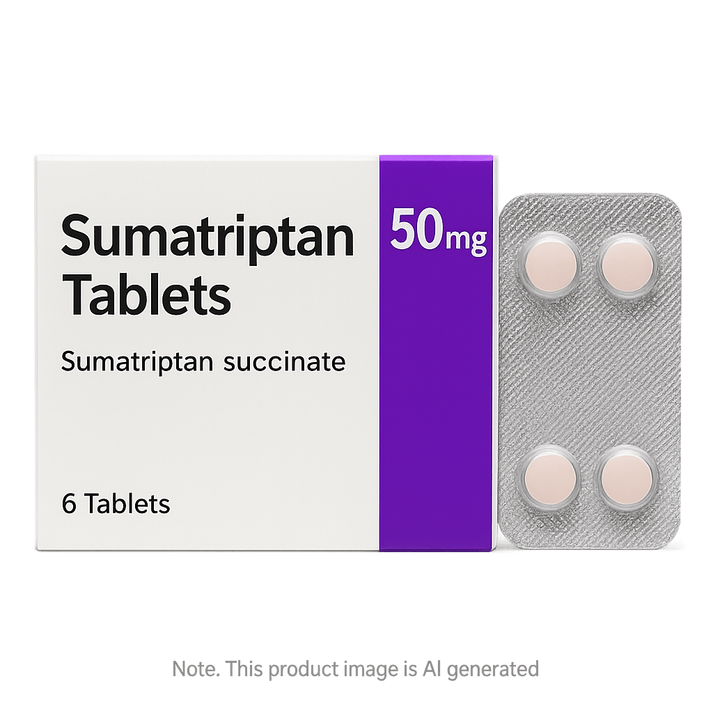 Box of Sumatriptan 50mg Tablets used for migraine treatment
