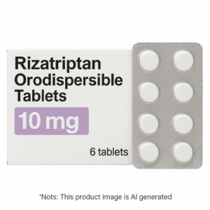 Box of Rizatriptan tablets used to treat migraines
