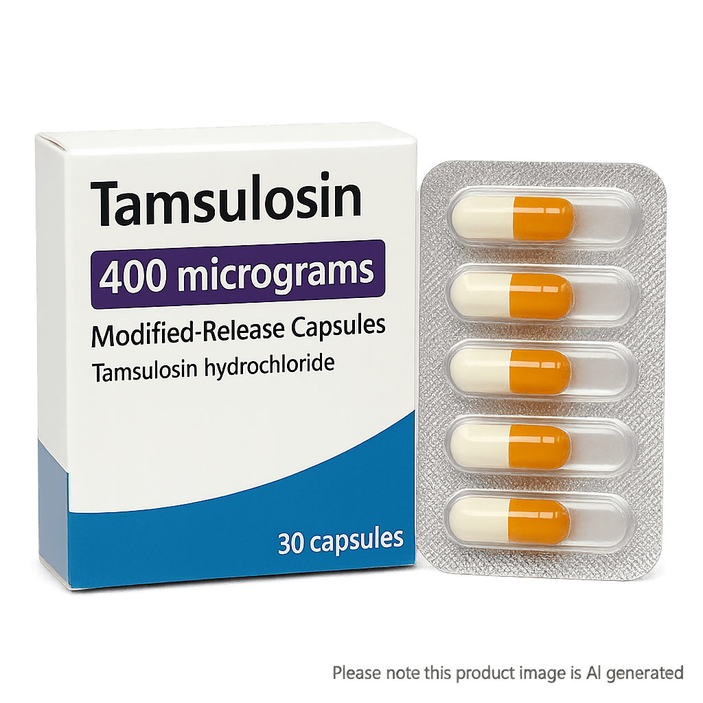 Box of Tamsulosin 400 micrograms capsules for enlarged prostate symptoms