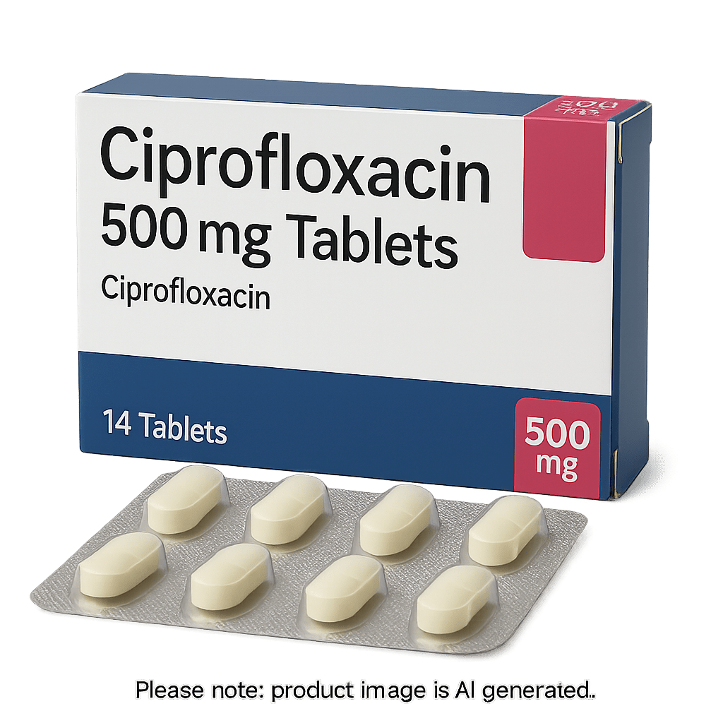 Ciprofloxacin 500mg Tablets blister pack for bacterial infection treatment