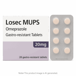 Box of Losec MUPS omeprazole tablets for acid reflux treatment