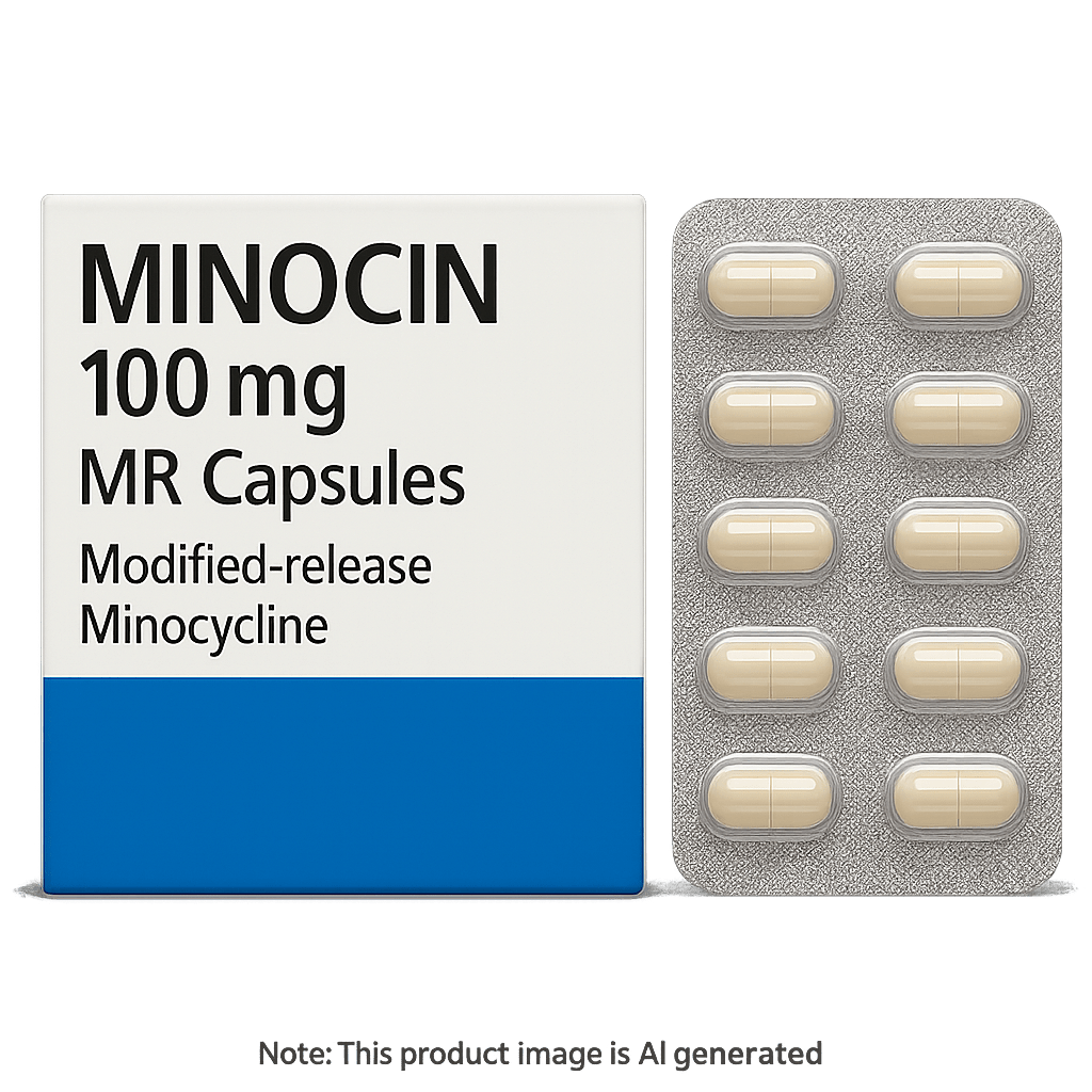 Box of Minocin 100mg MR Capsules used for acne treatment