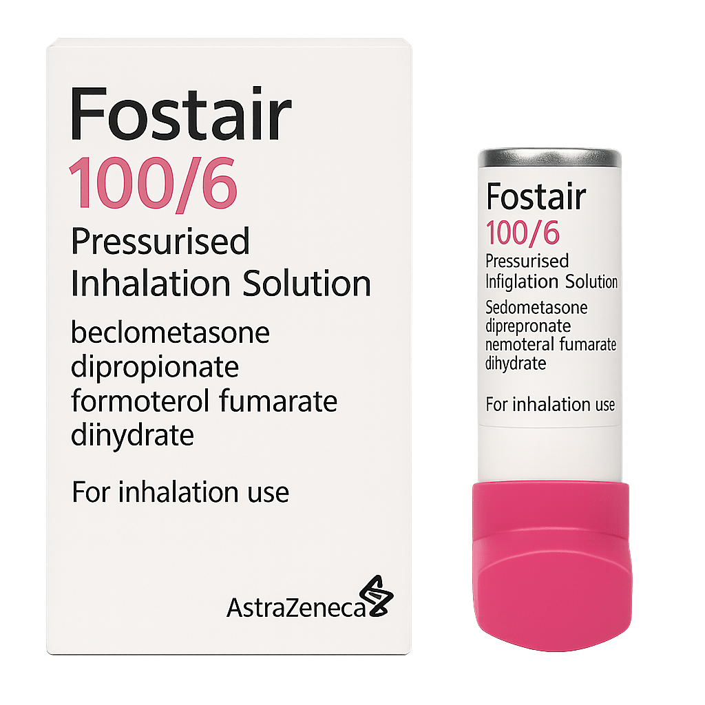 Box of Fostair 100/6 Inhaler used for asthma treatment