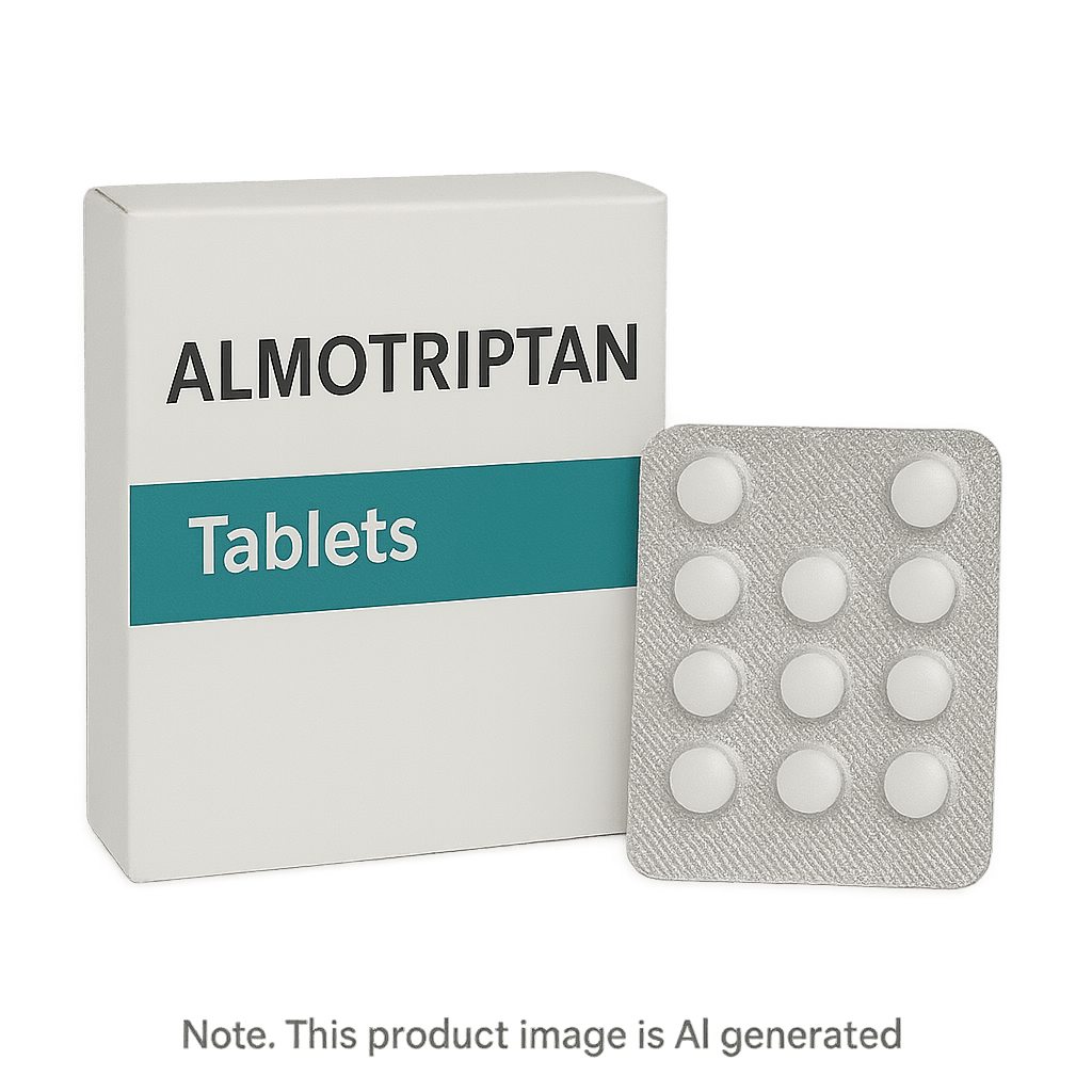 Box of Almotriptan Tablets used for migraine relief